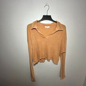 Hashttag Cropped Waffle Knit Collared Long Sleeve Top – Tan (Size S)